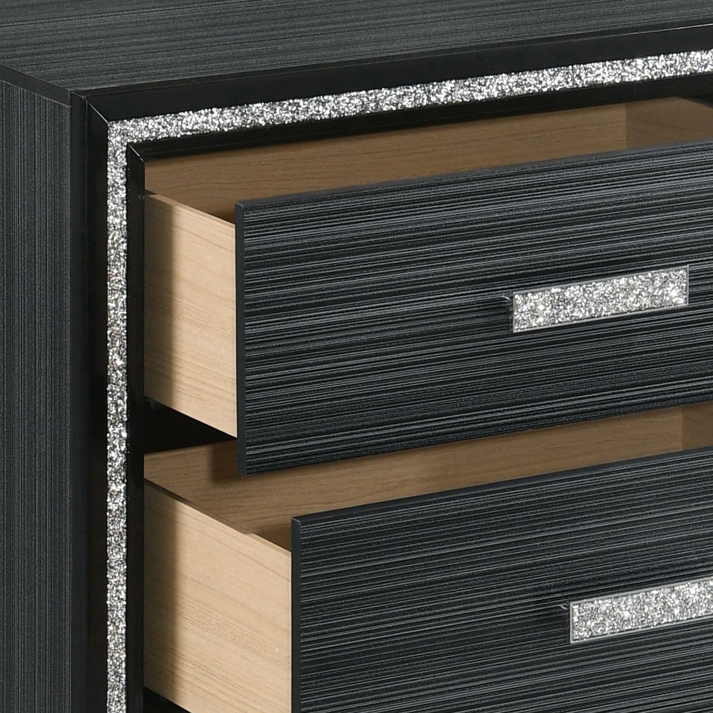 Black nightstand with two drawers and crystal accents