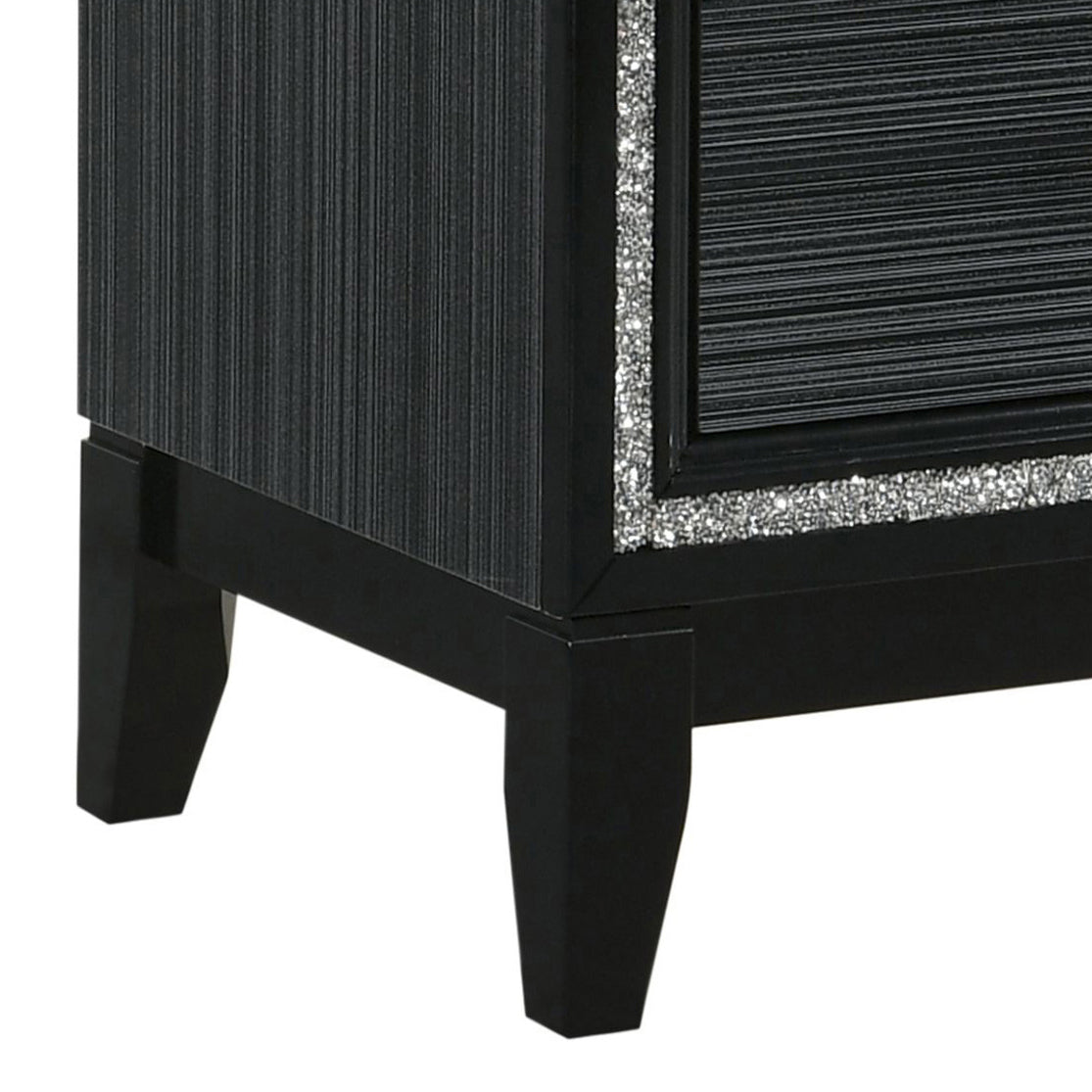 Black mirrored nightstand with textured drawer fronts and crystal accents