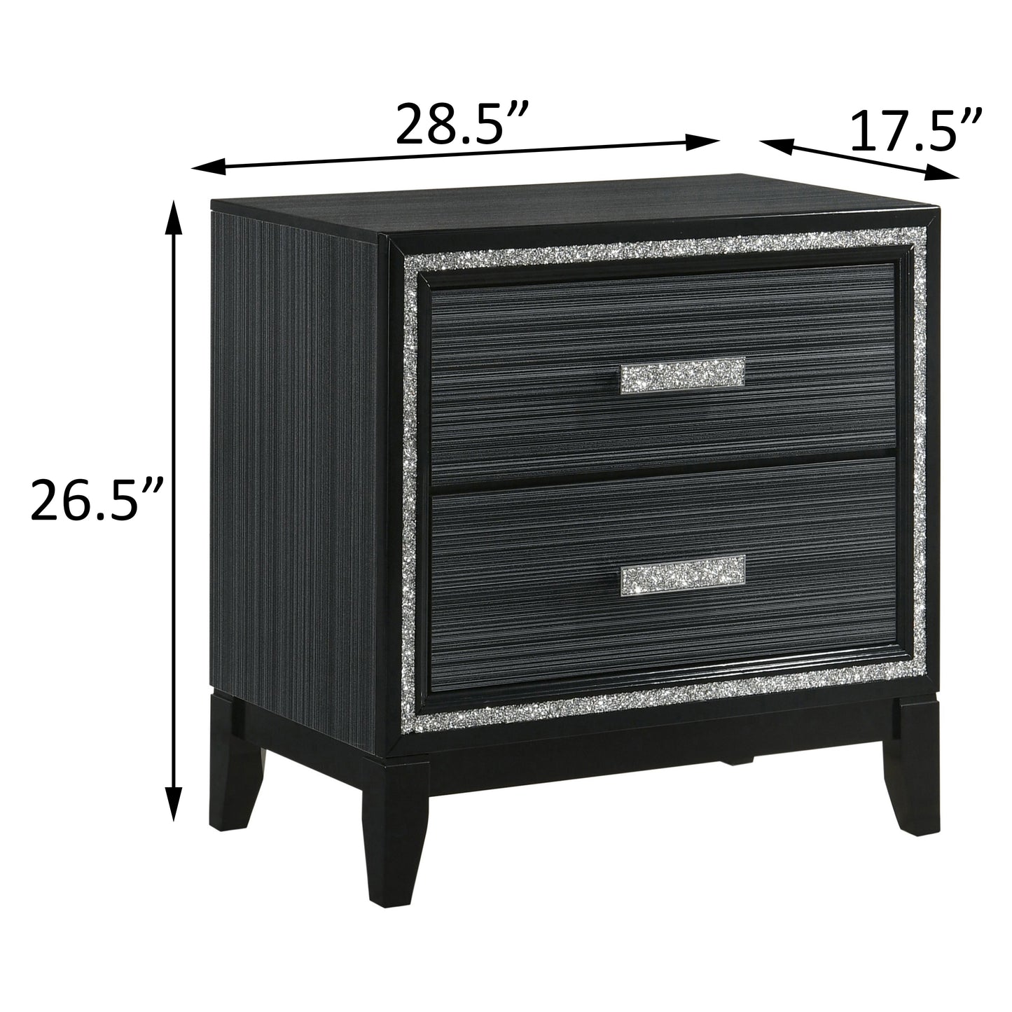 Black twodrawer nightstand with glitter trim and textured drawer fronts  W