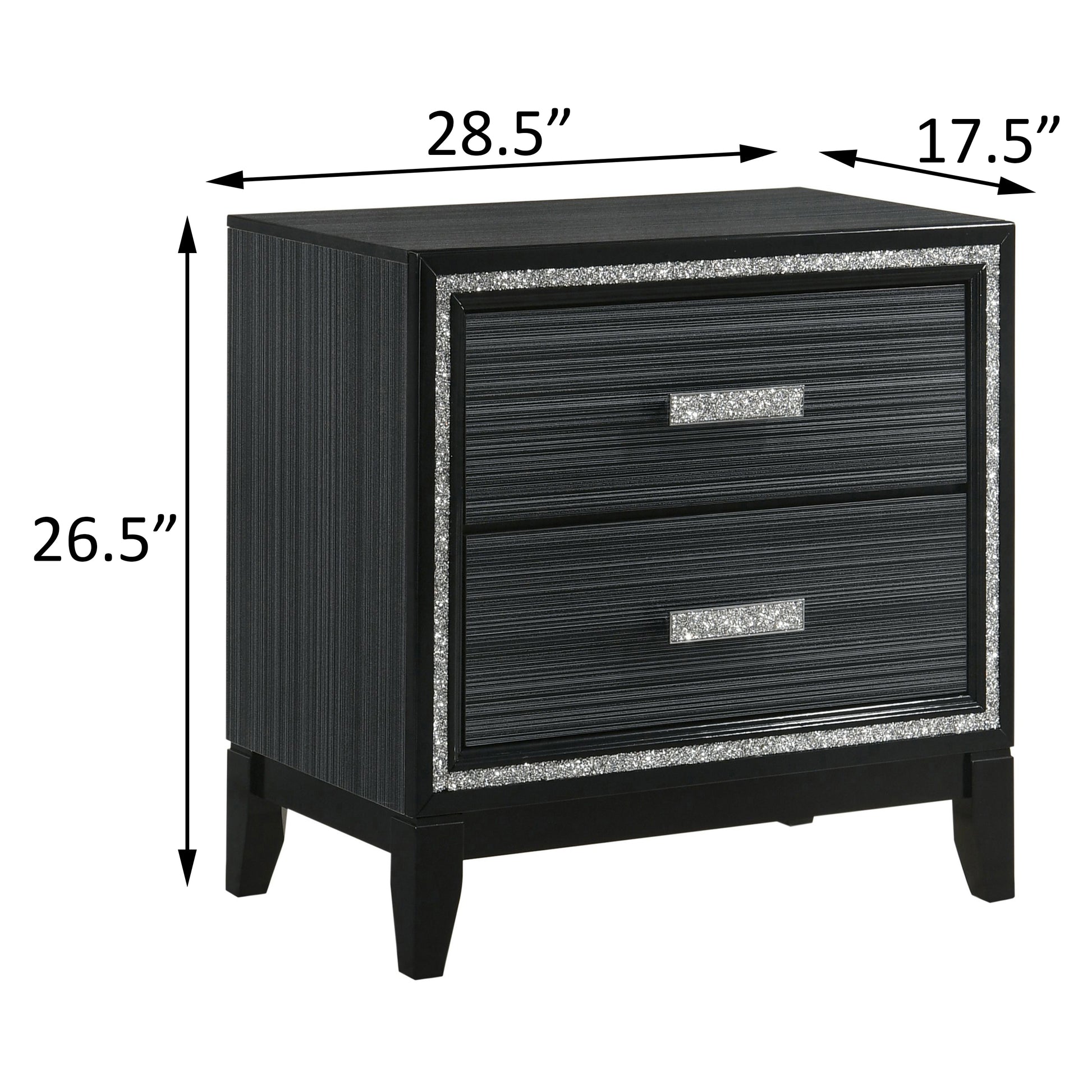 Black twodrawer nightstand with glitter trim and textured drawer fronts  W