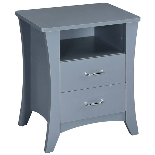 Gray wooden nightstand with two drawers and a shelf ideal for bedroom storage