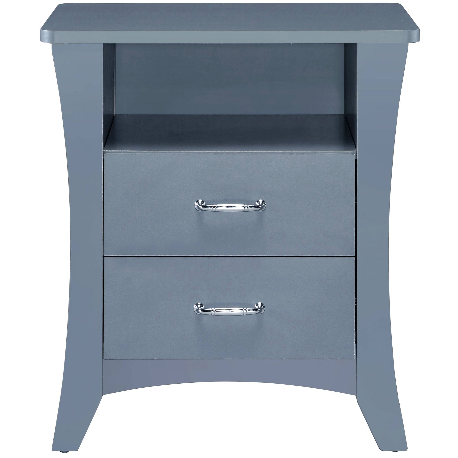 Modern gray wooden nightstand with two drawers and silver hardware for bedroom storage
