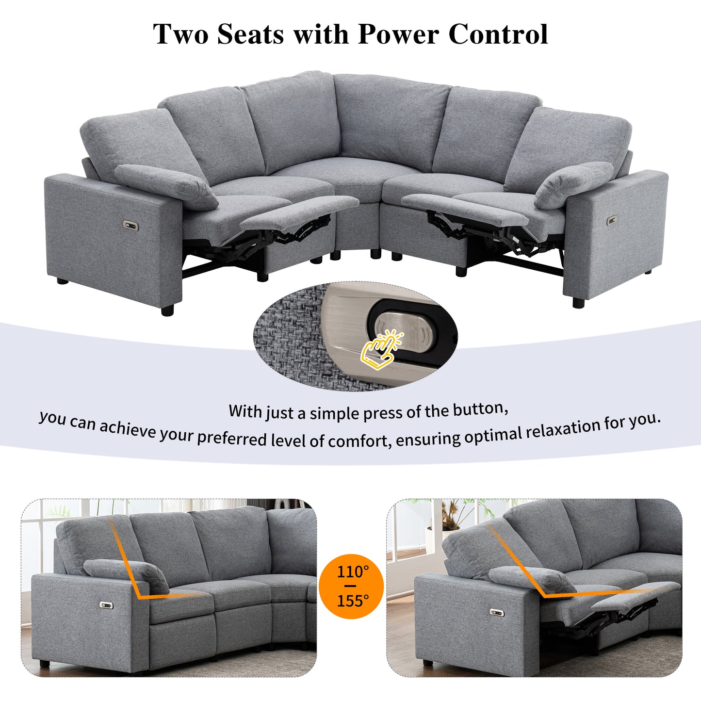 Grey fabric sectional sofa with power reclining seats and adjustable footrests for ultimate comfort