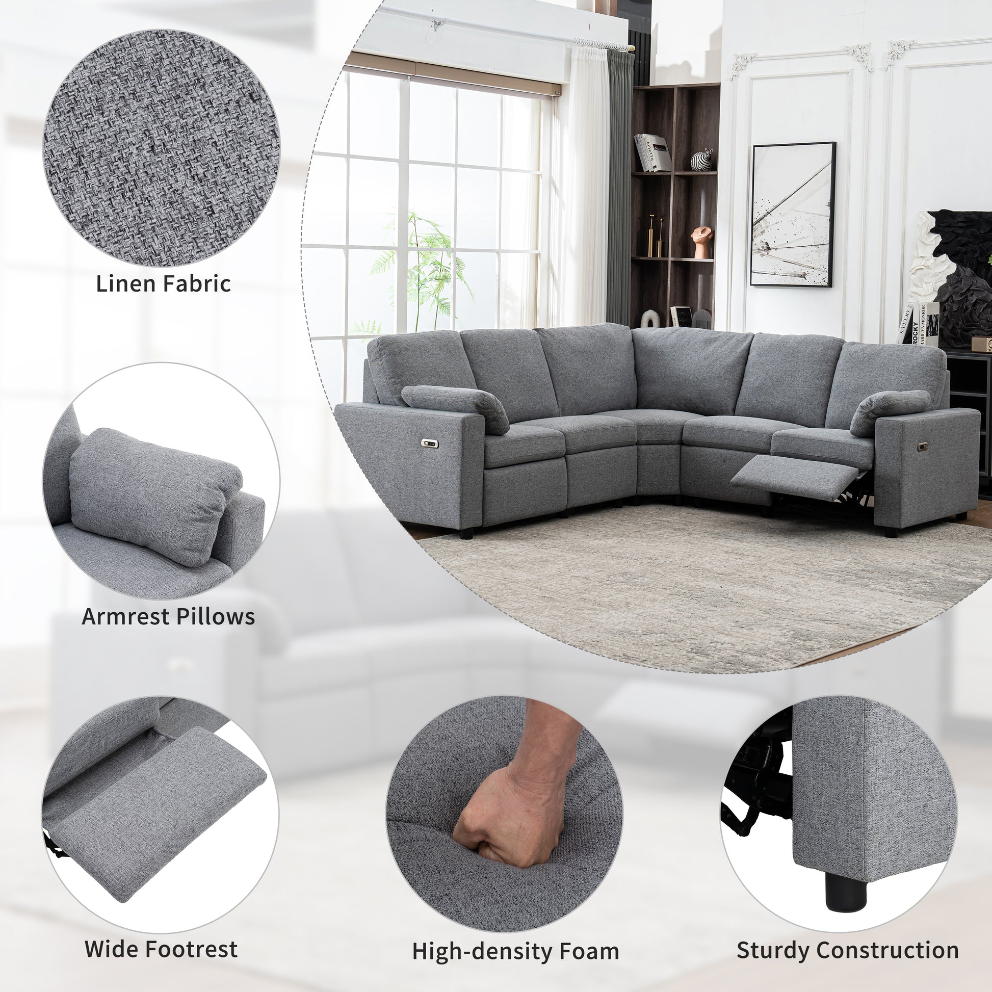 Gray sectional sofa with linen fabric upholstery and builtin recliner