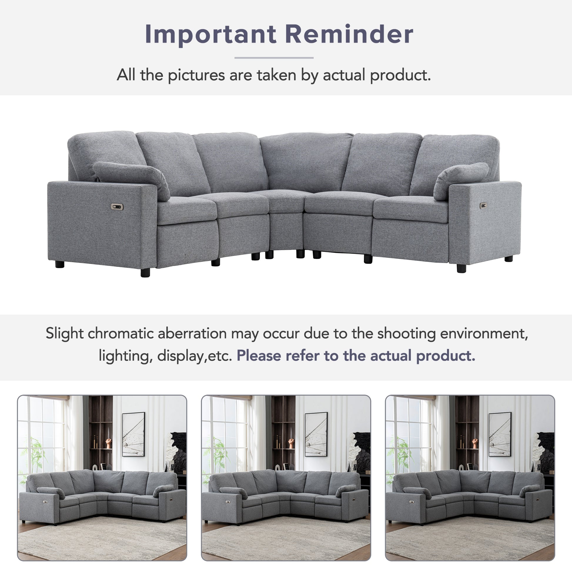 Gray fabric sectional sofa with adjustable recliners and builtin USB ports