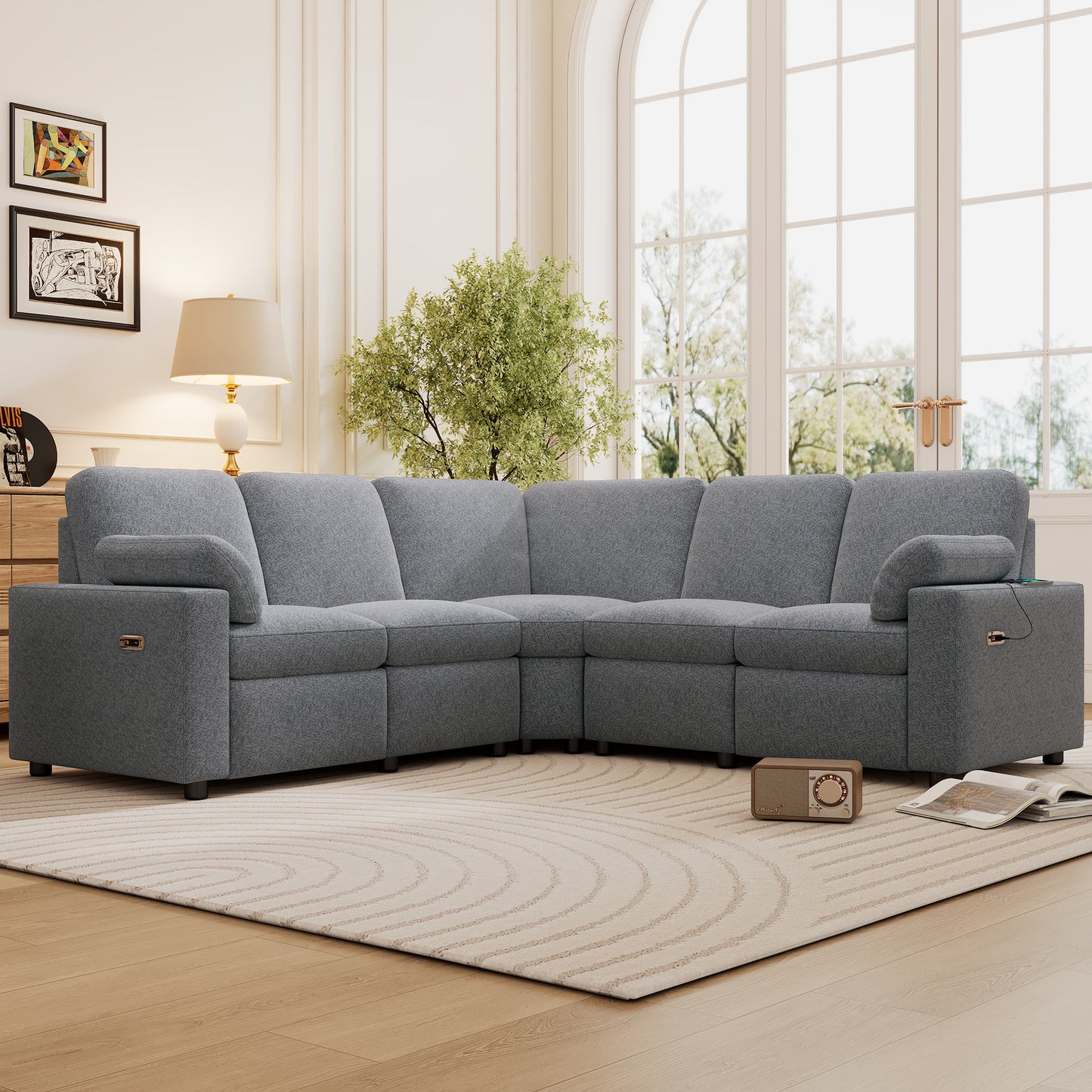 Gray upholstered sectional sofa with builtin USB charging ports and cup holders for modern living rooms