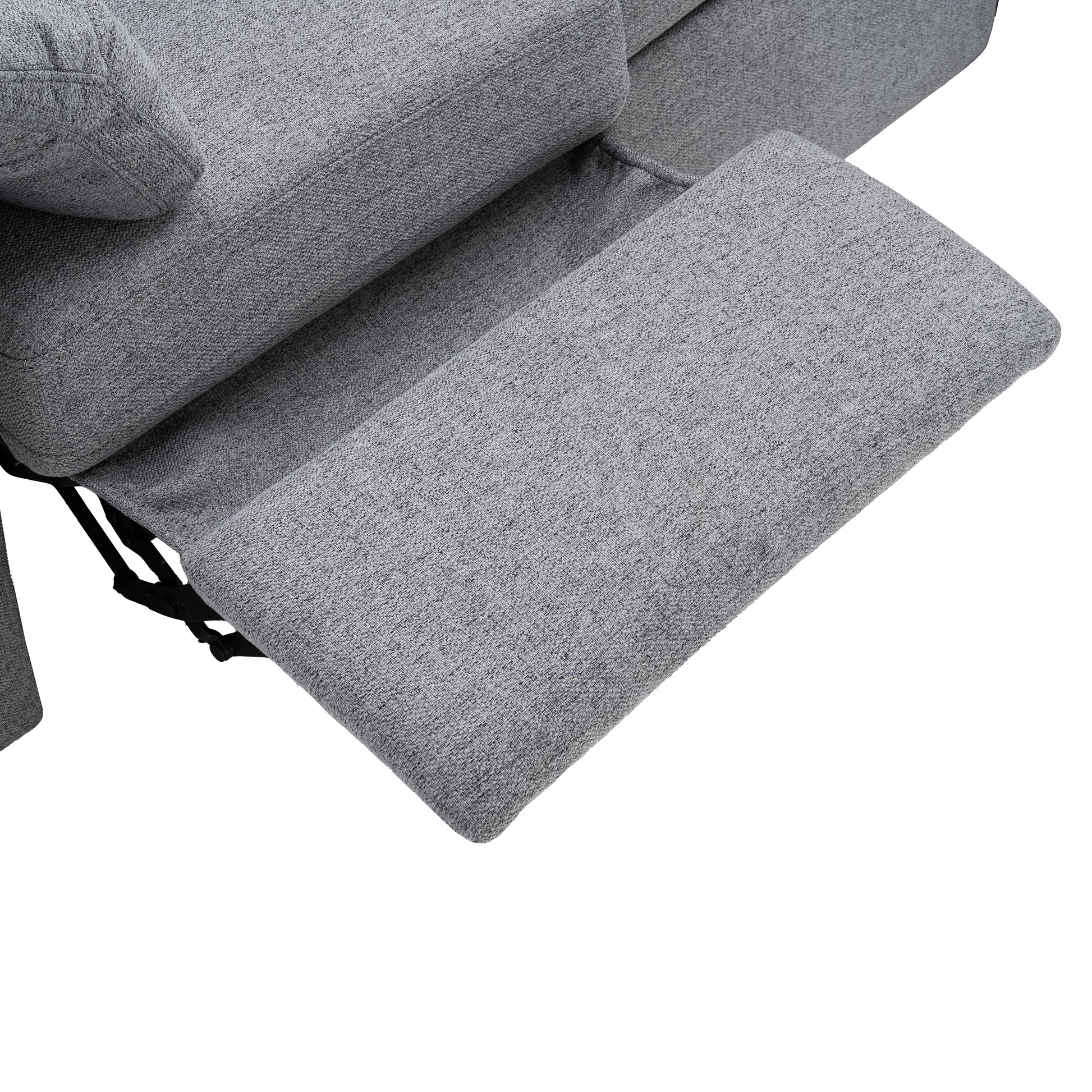 Close up of a grey fabric recliner chair with footrest extended for comfort