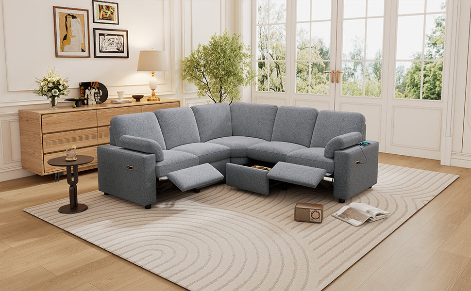 Gray fabric sectional sofa with reclining footrests and builtin USB charging ports
