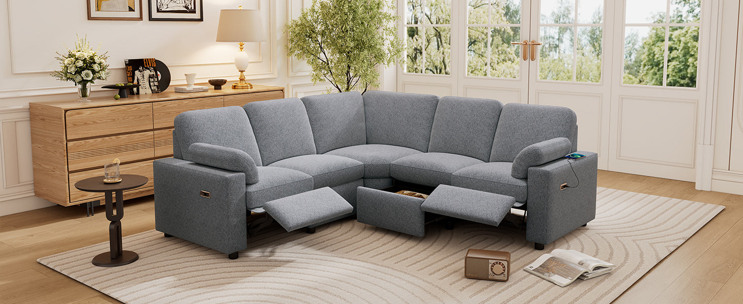 Gray fabric sectional reclining sofa with builtin USB charger for modern living rooms