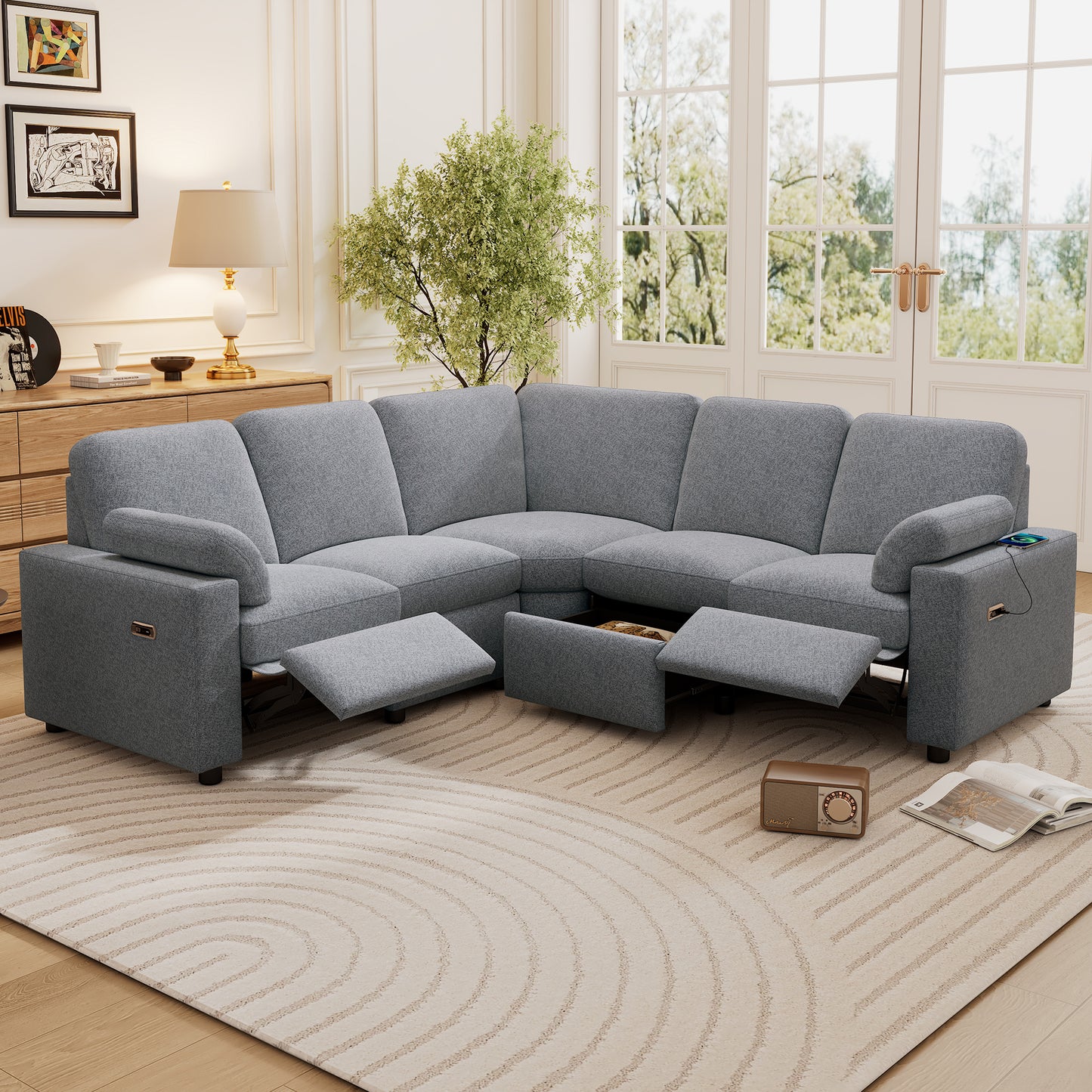 Gray fabric sectional reclining sofa with builtin storage and USB ports