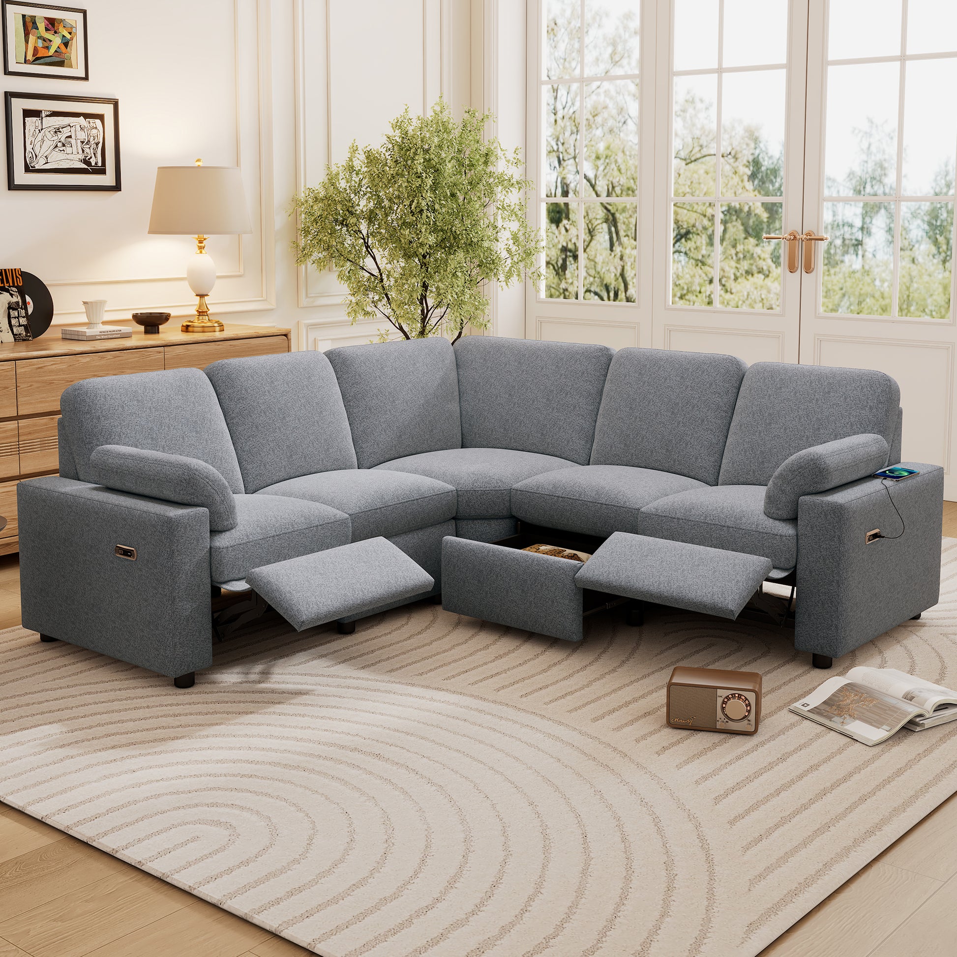 Gray fabric sectional reclining sofa with builtin storage and USB ports