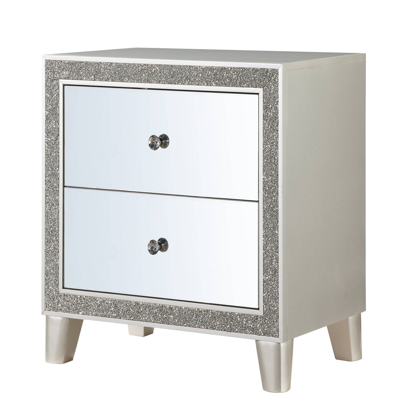 Silver mirrored nightstand with two drawers and crystal knobs accented with glitter trim