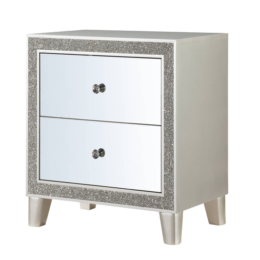 Silver mirrored nightstand with two drawers and crystal knobs accented with glitter trim