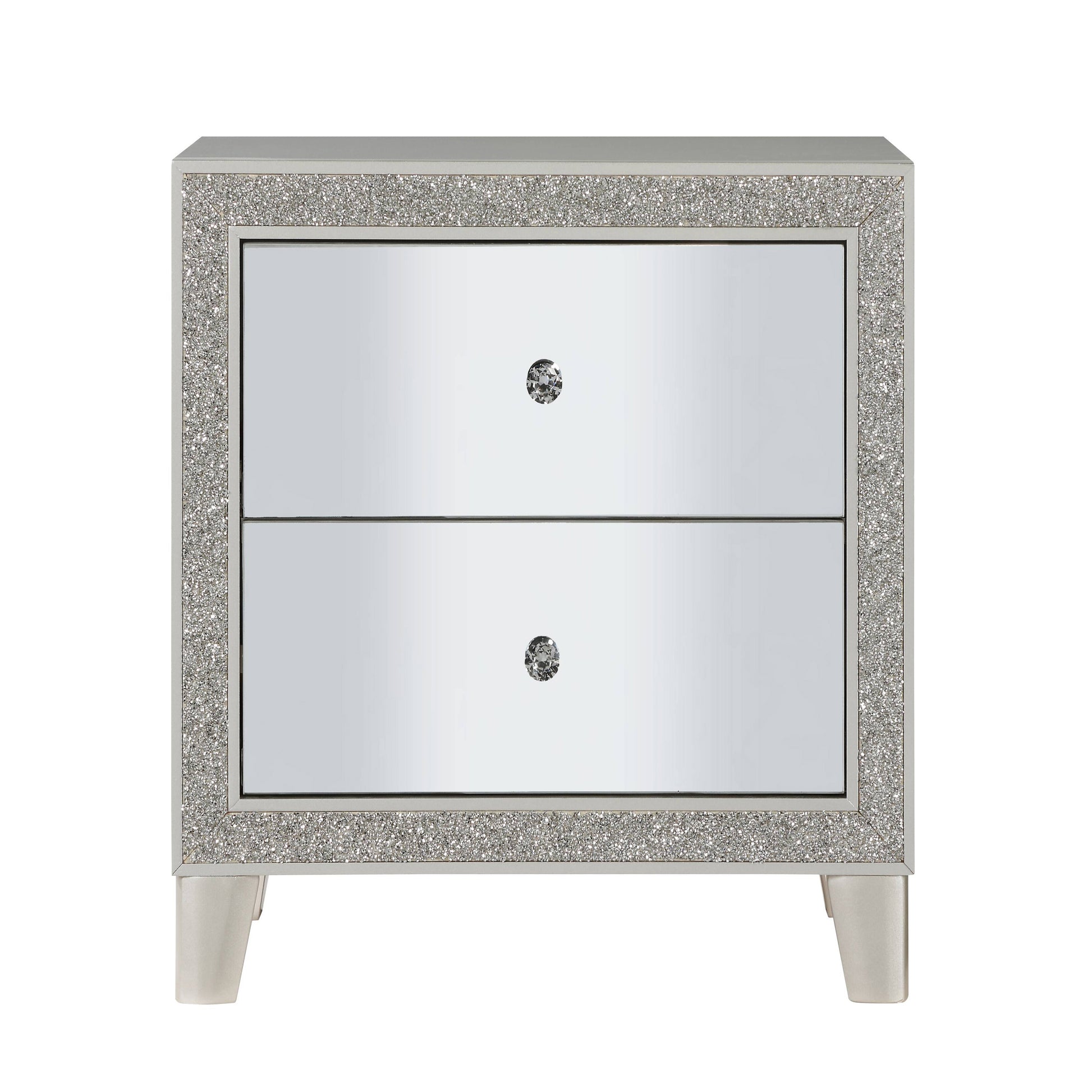 Glamorous mirrored nightstand with crushed diamond trim and crystal knobs