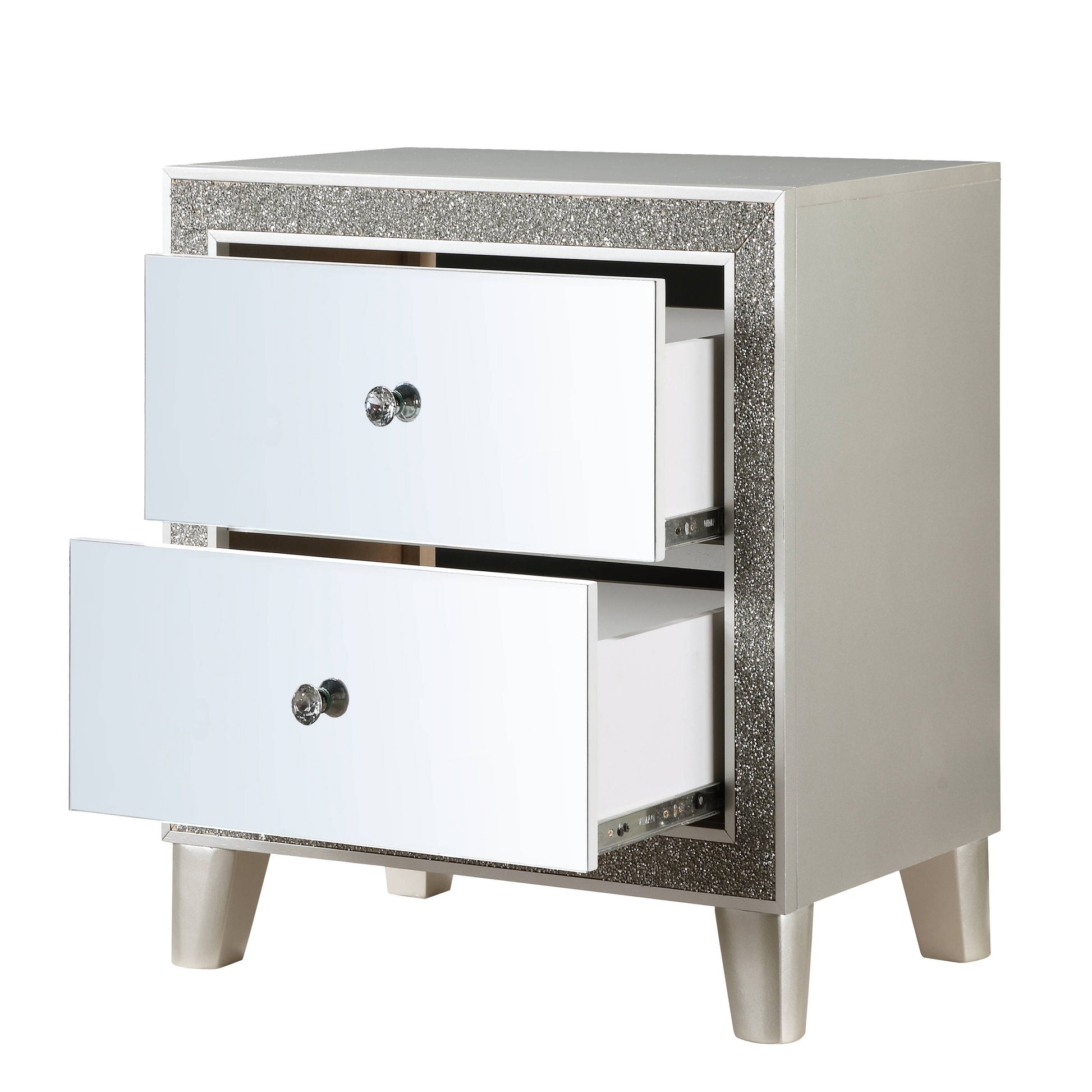 Glamorous silver mirrored nightstand with crystal knobs and glitter accents