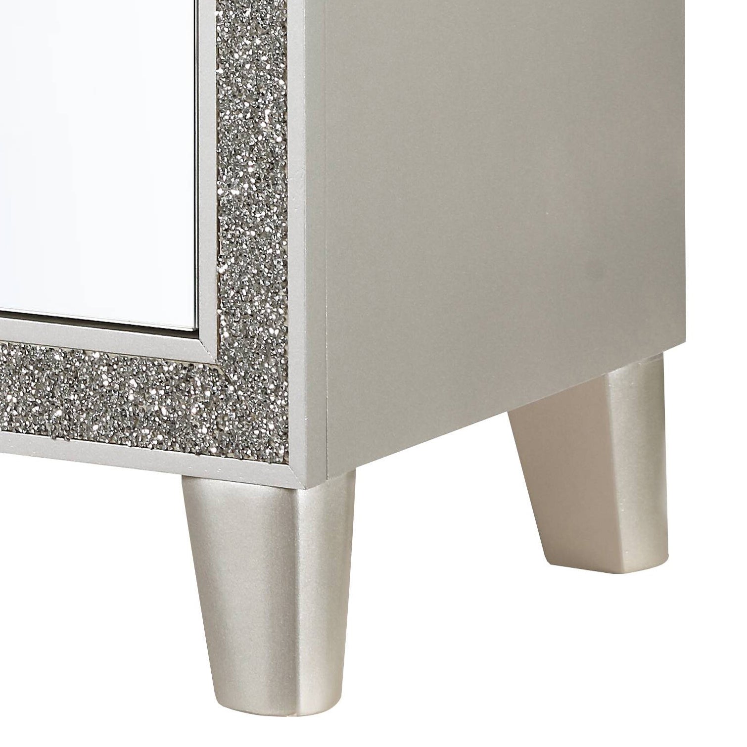 Glamorous silver nightstand with crystalencrusted trim and mirrored panel