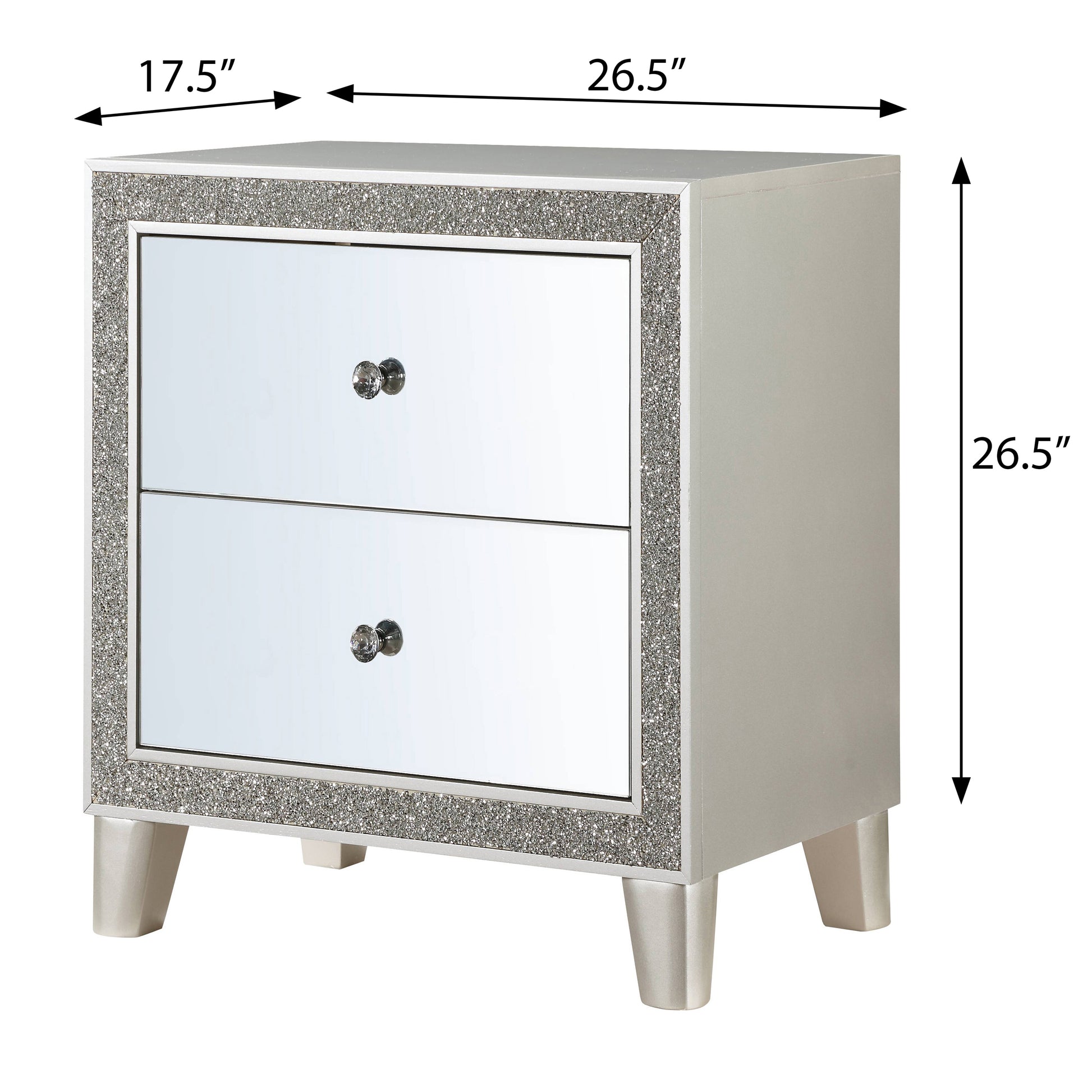 Mirrored bedside table with silver crystal trim and diamond knob Features two drawers for storage and elegant tapered legs Dimensions W x H