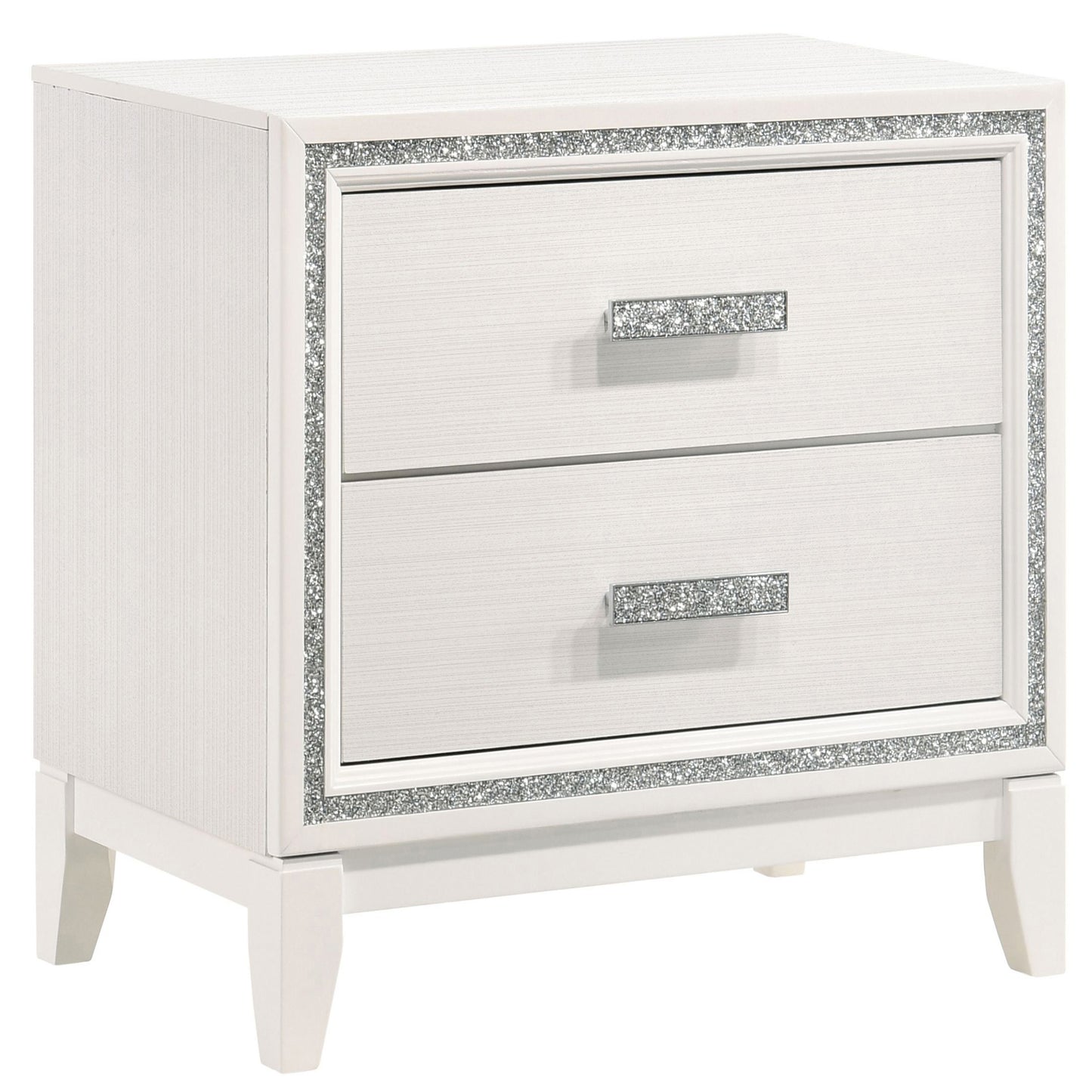 White twodrawer nightstand with mirrored crystal accents and silver drawer pulls