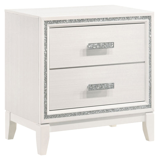 White twodrawer nightstand with mirrored crystal accents and silver drawer pulls