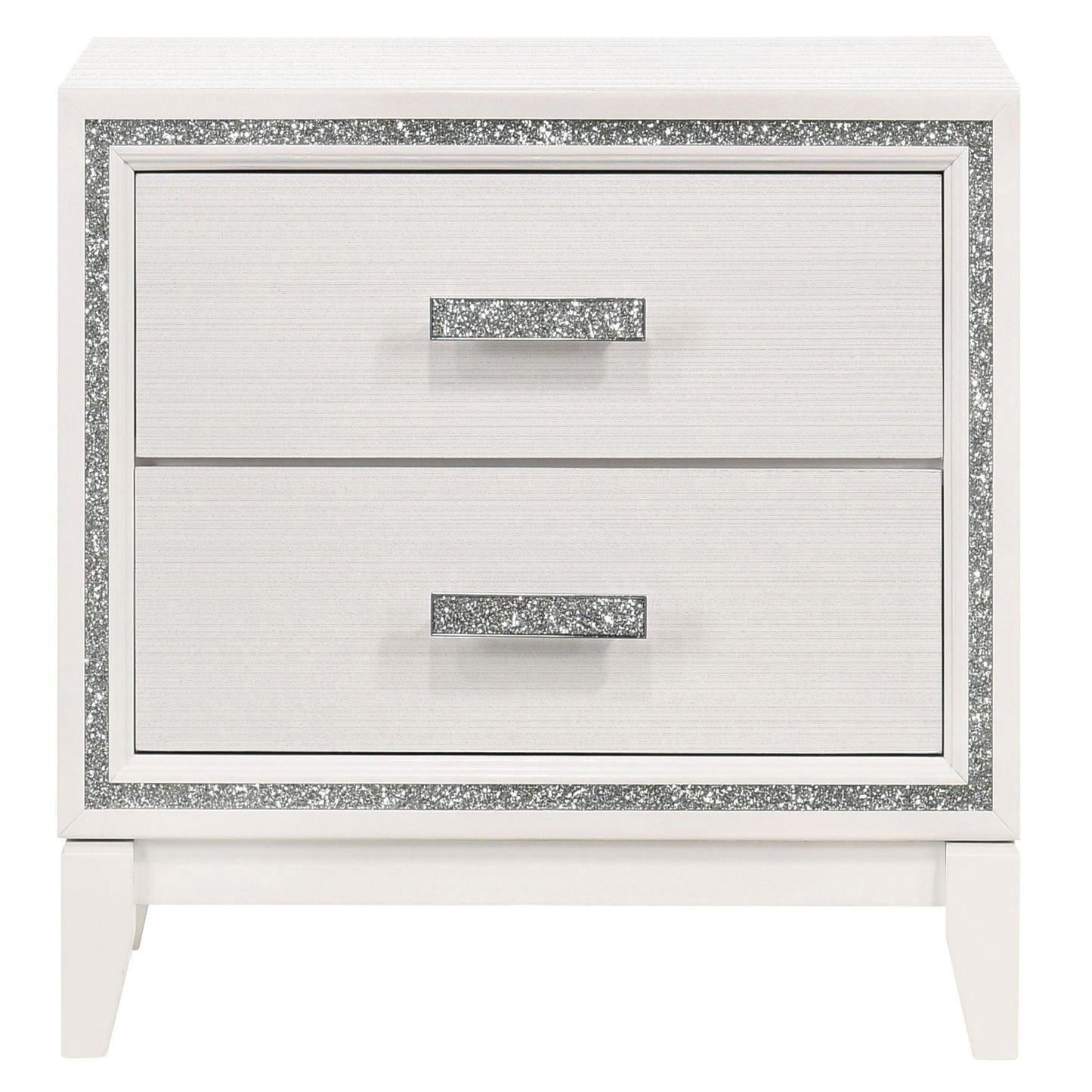 White twodrawer nightstand with crystalencrusted trim and handles for bedroom decor