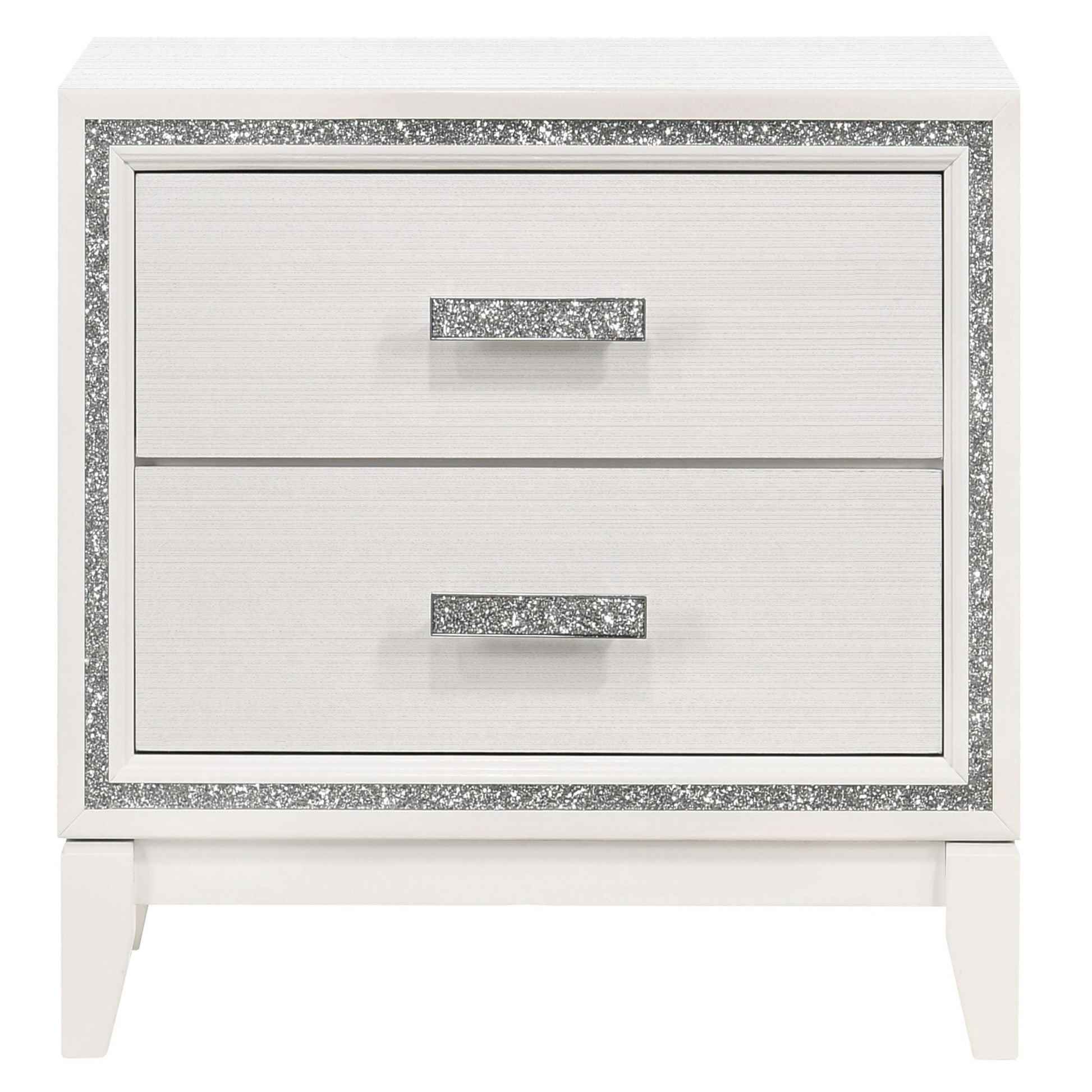 White twodrawer nightstand with crystalencrusted trim and handles for bedroom decor