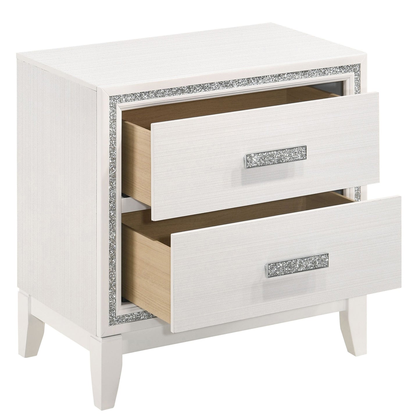 White twodrawer nightstand with crystalencrusted hardware and silver trim accents