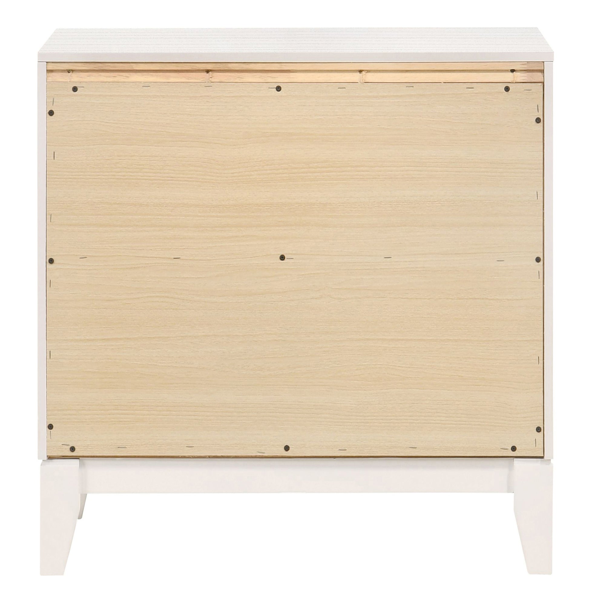 White bedside table with natural wood panel back and legs