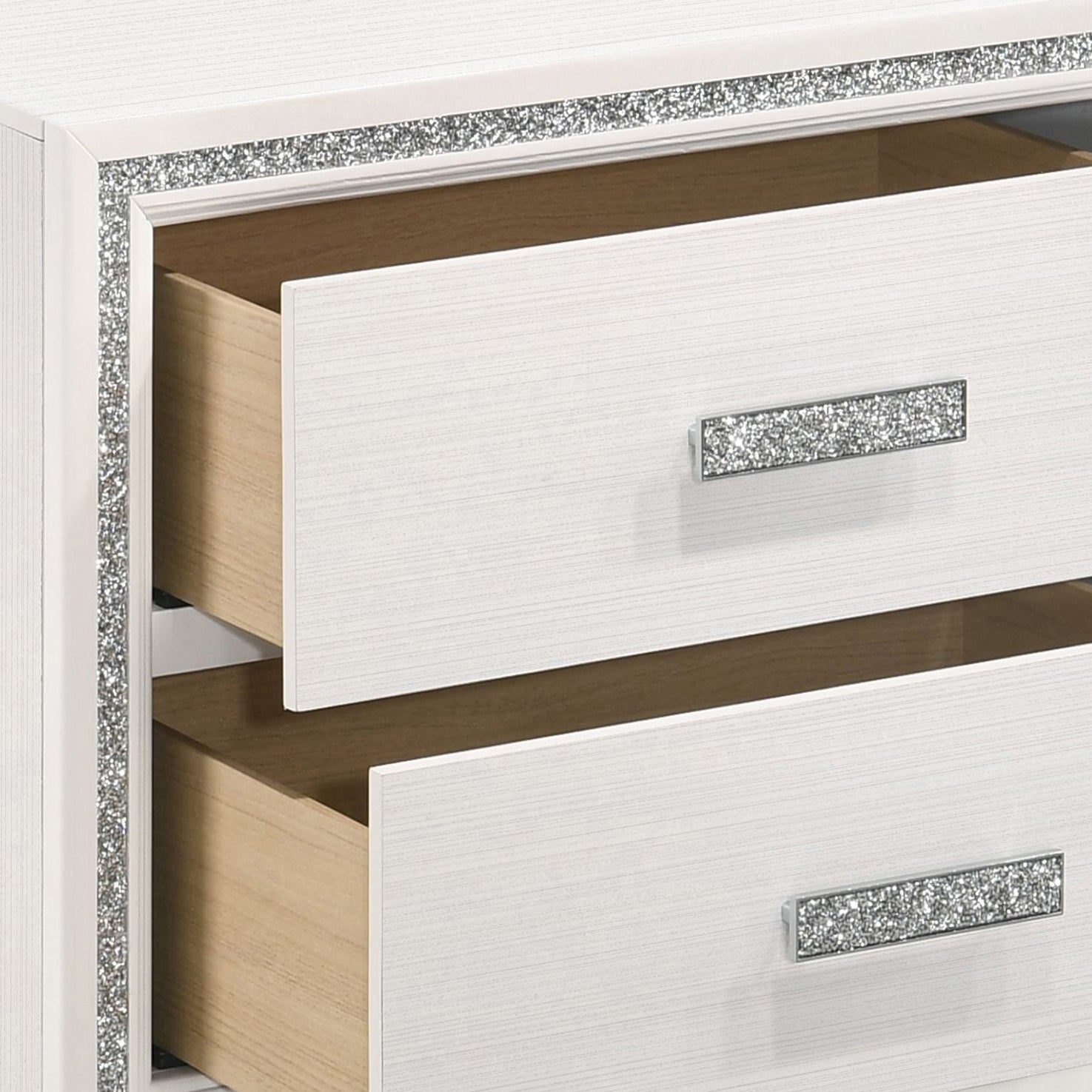 White dresser with crystal drawer pulls and glitter trim elegant bedroom furniture