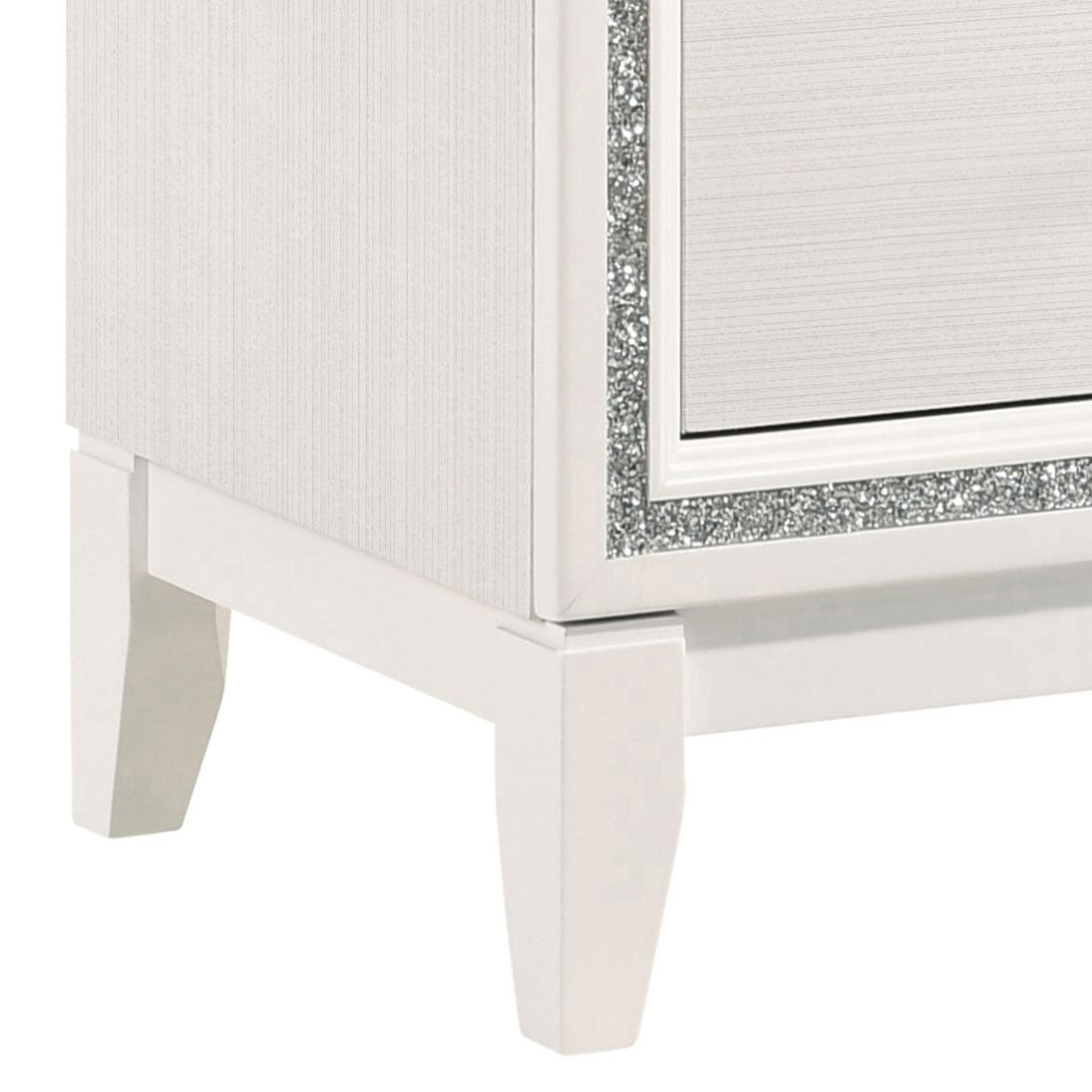White textured dresser side with faux crystal trim and block feet