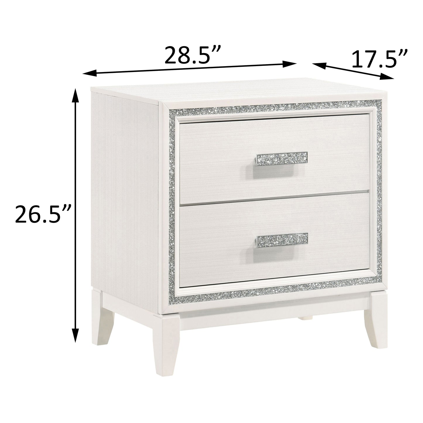 White twodrawer nightstand with faux diamond trim and silver hardware Dimensions  W x  D x  H