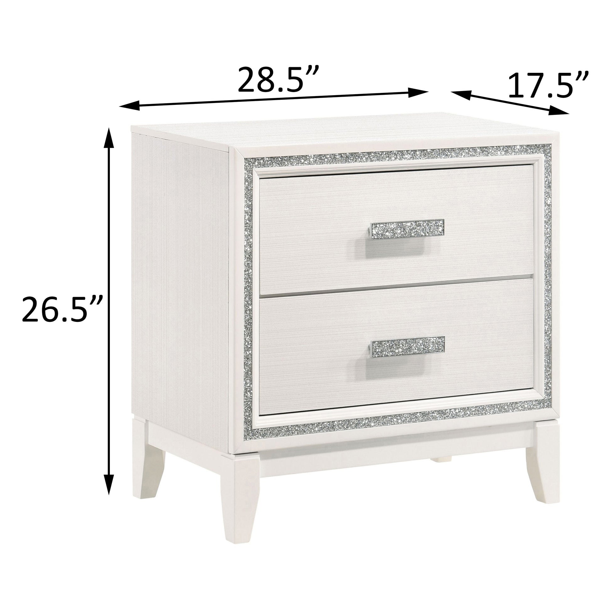 White twodrawer nightstand with faux diamond trim and silver hardware Dimensions  W x  D x  H