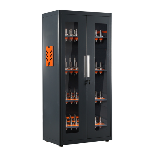 Dark gray metal cabinet with glass doors storing precision tool holders with orange inserts
