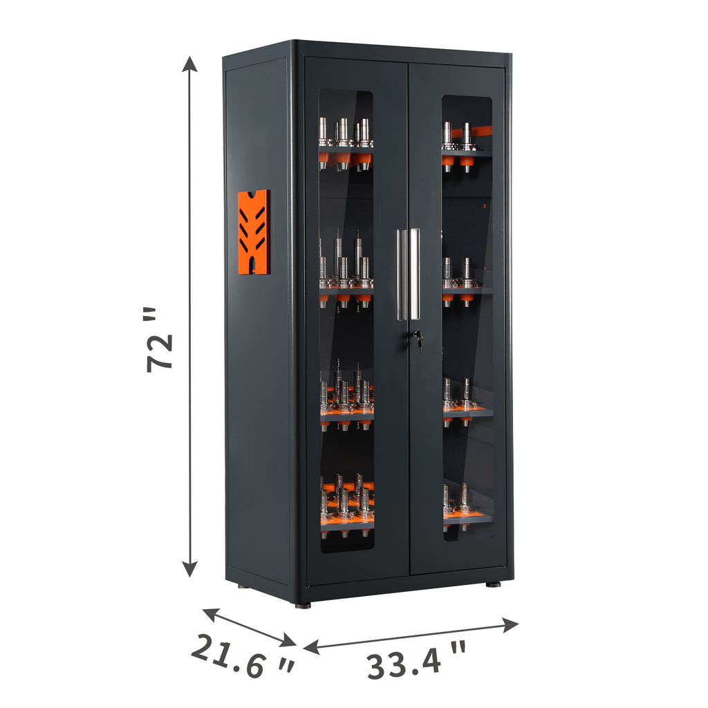 Dark gray metal tool cabinet with glass doors and orange tool holders