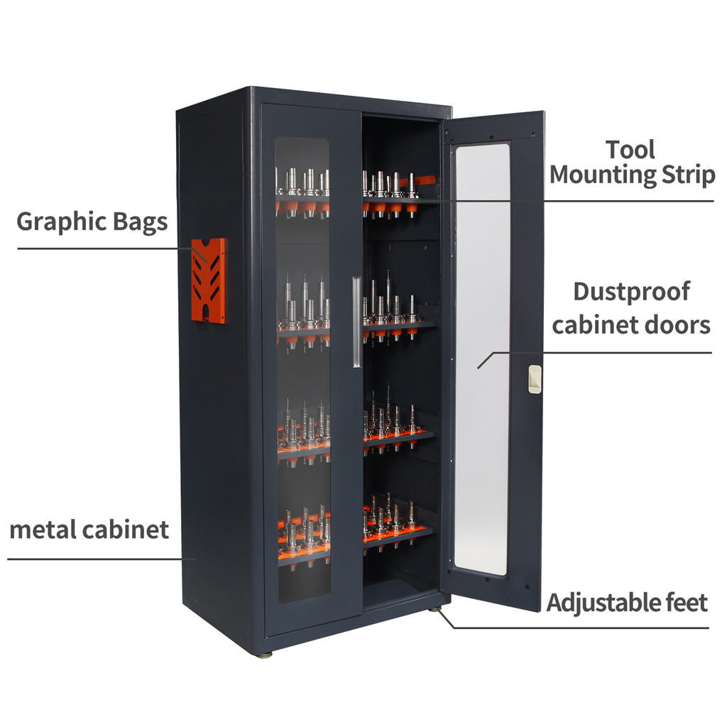 Dark gray metal cabinet with clear doors displaying organized tool holders