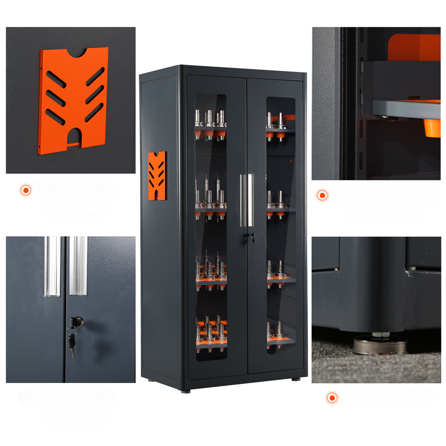Gray steel tool cabinet with glass doors and orange tool organizers inside