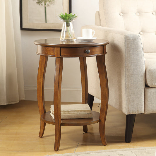 Round dark wood end table with one drawer and lower shelf ideal for living rooms