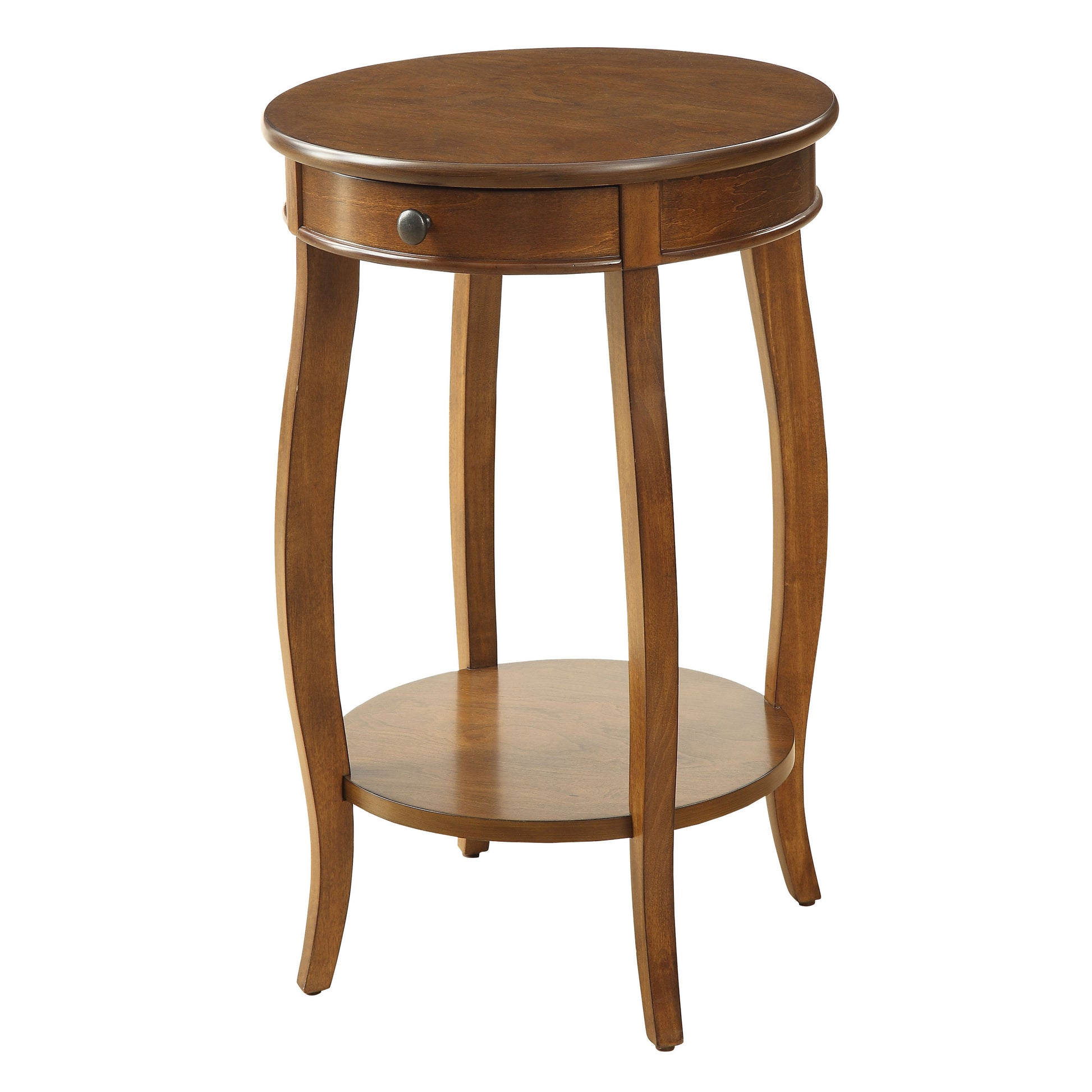 Classic wooden end table with curved legs and a single drawer