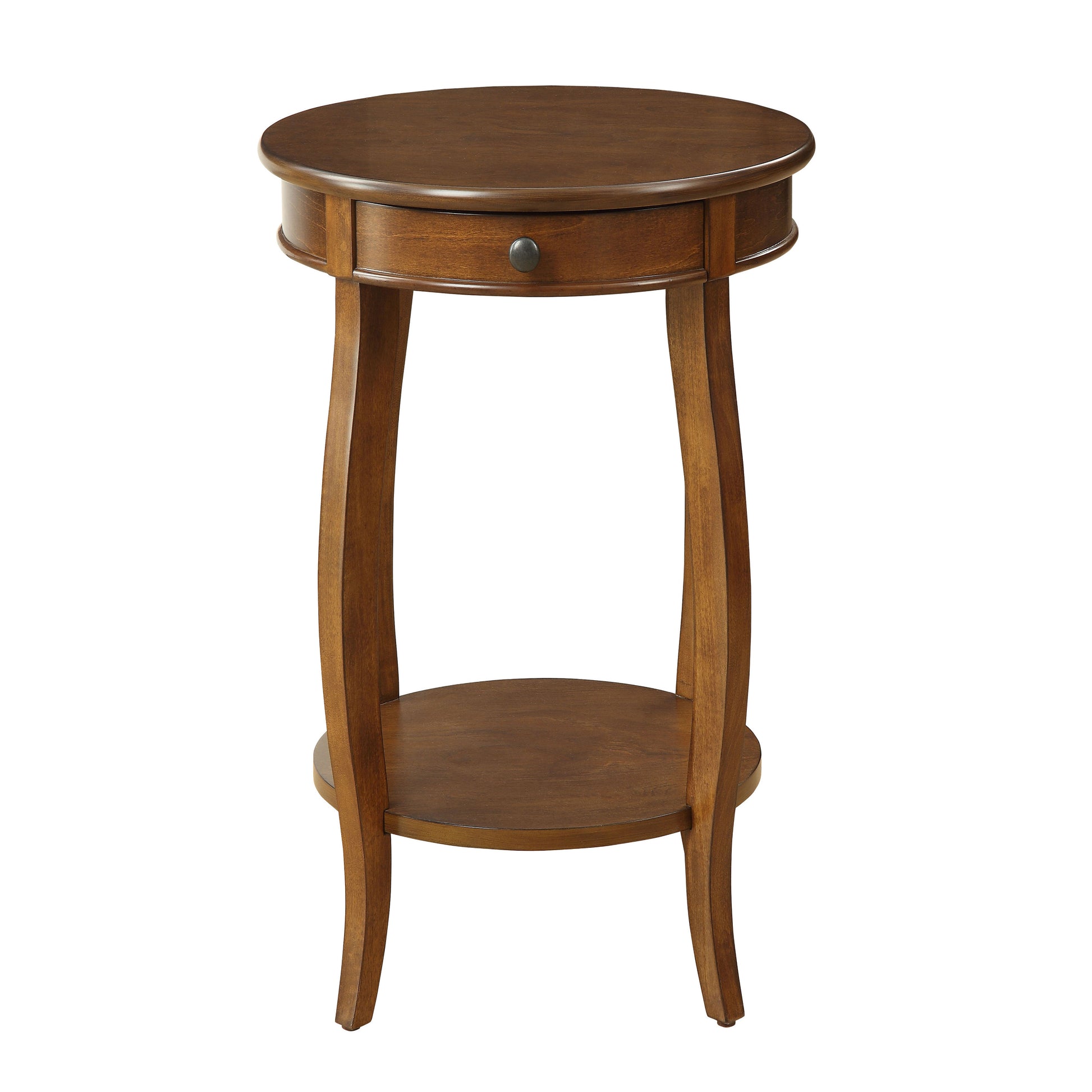 Round wooden end table with a single drawer and lower shelf