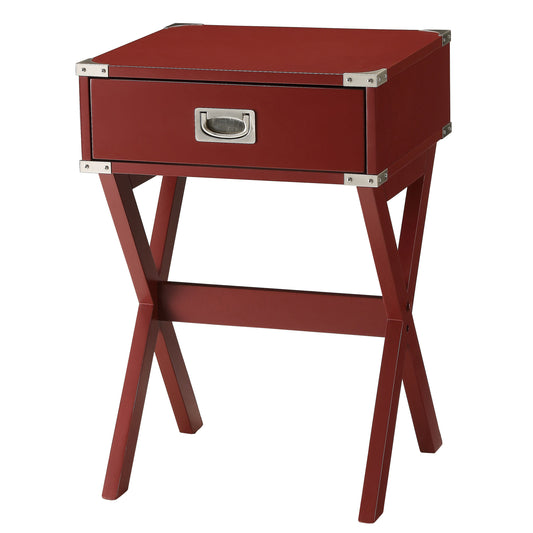 Red campaign end table with silver hardware and xcrossed legs