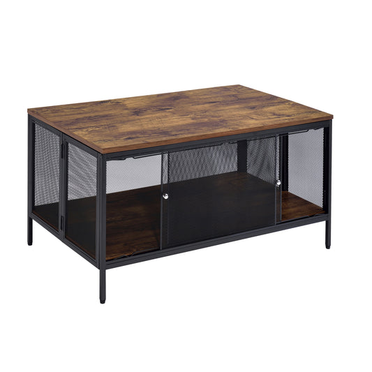 Industrial coffee table with rustic wood top and mesh cabinet doors
