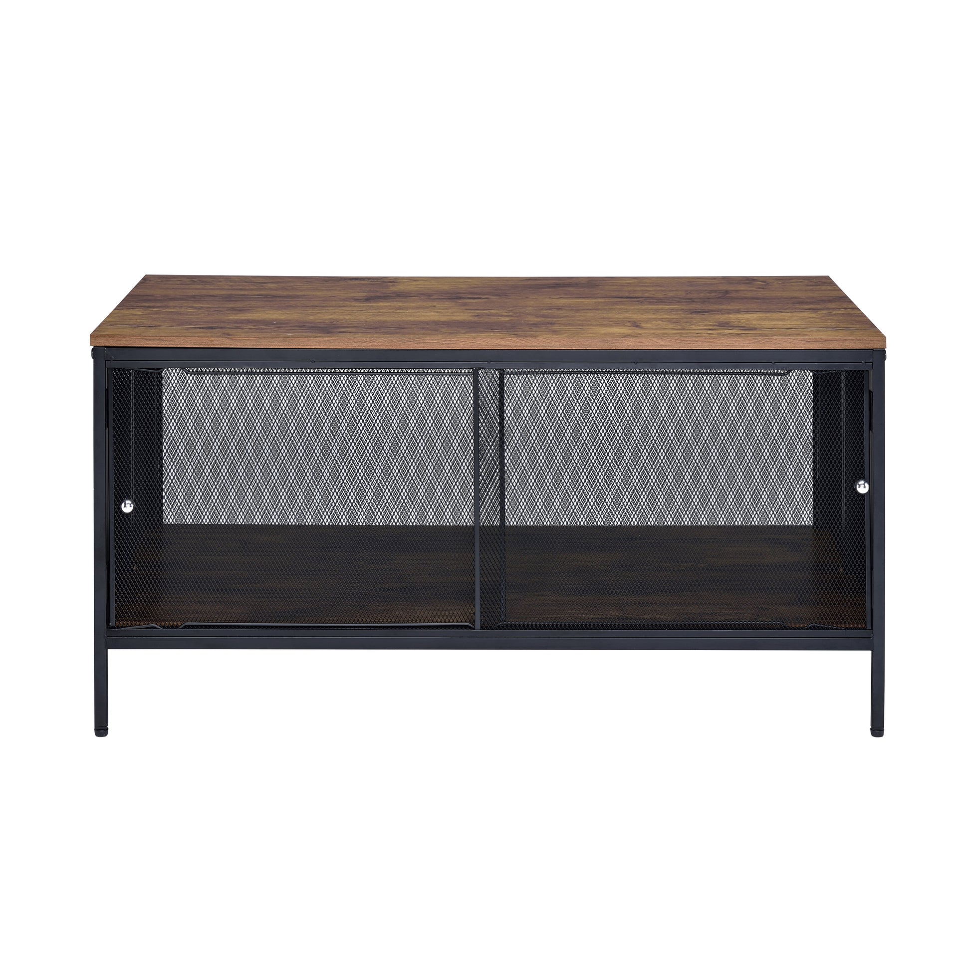 Rustic brown wood top media console with black metal frame and mesh cabinet doors