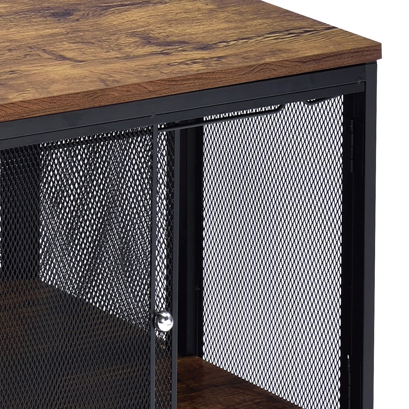 Rustic wood top cabinet with black metal mesh doors and silver knob detail