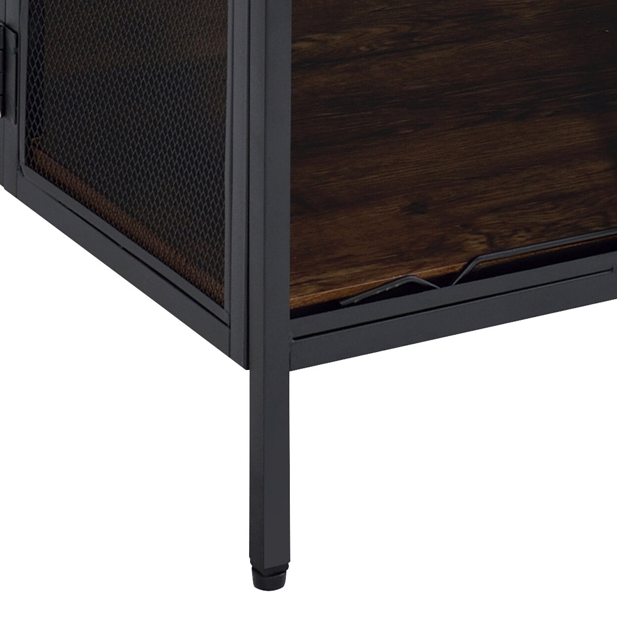 Rustic brown wood cabinet with black metal frame and mesh door detail