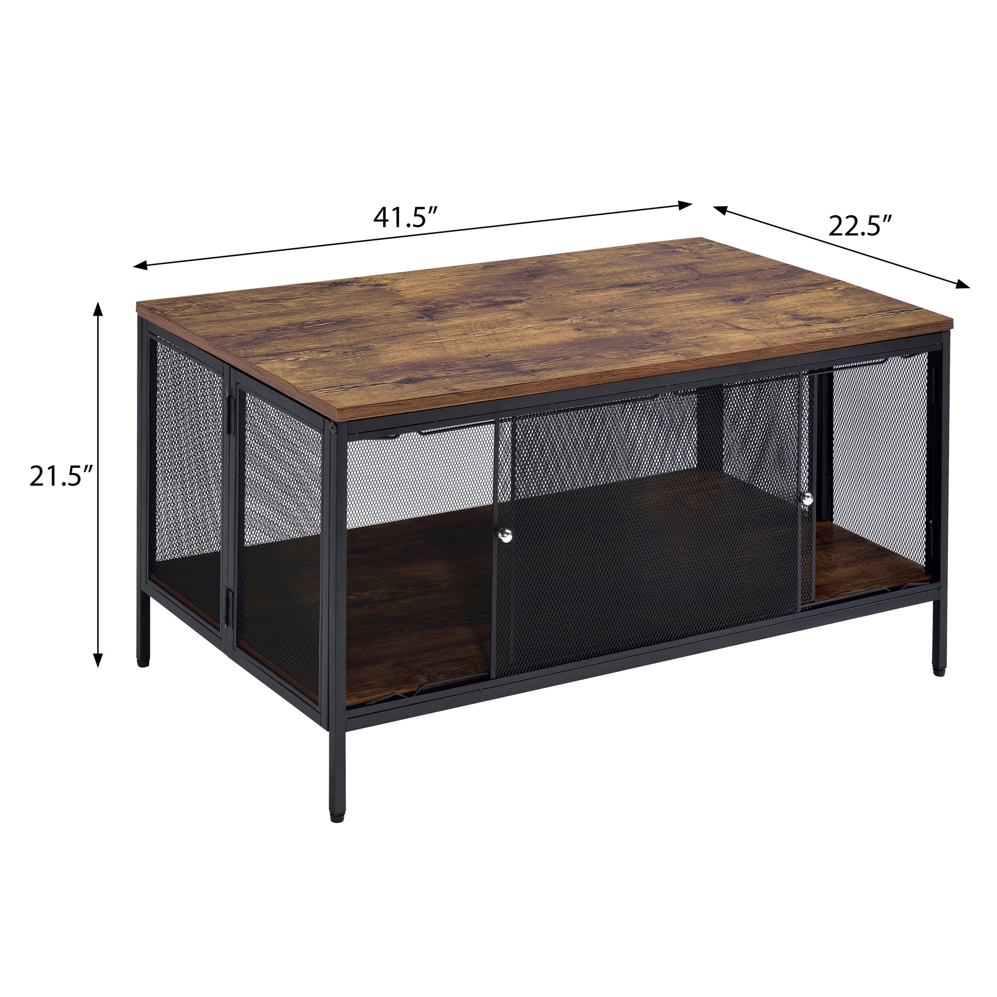 Rustic wood coffee table with black mesh sides and storage shelves