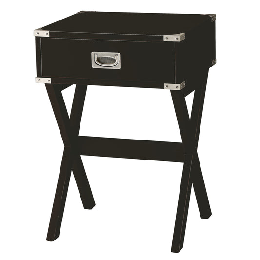 Dark brown travel trunk side table with silver hardware and metal handle