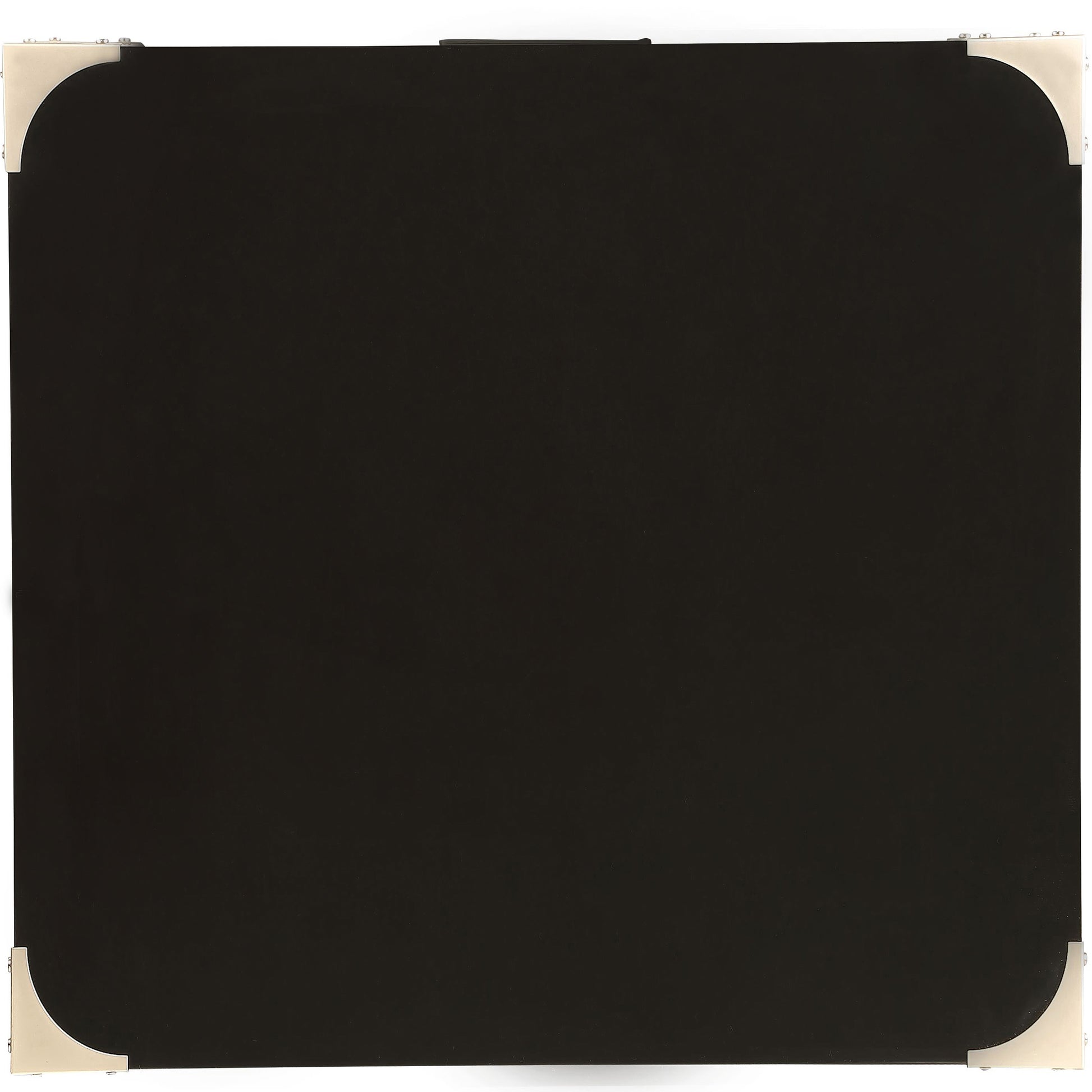 Black leather travel case with polished metal corner accents ideal for storage