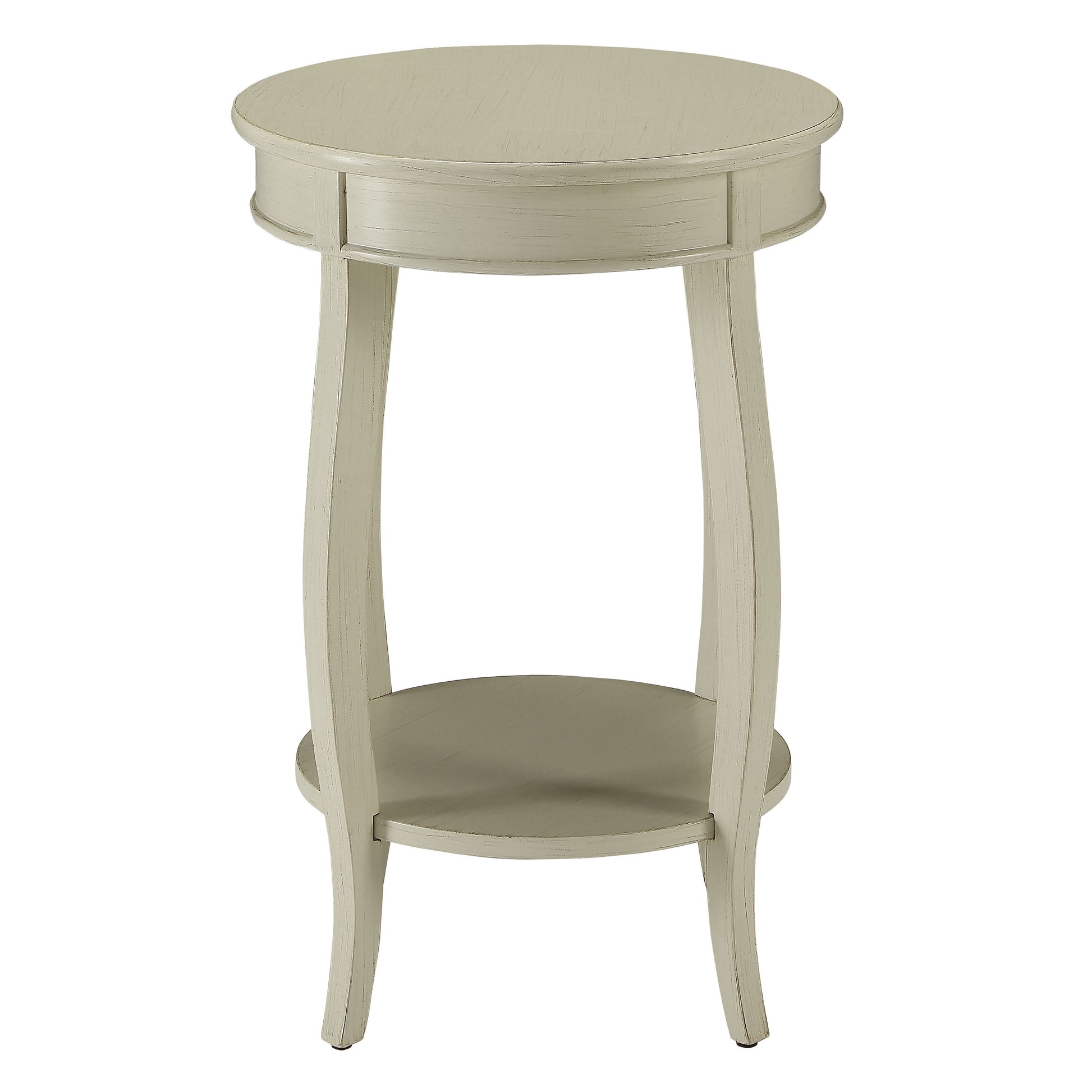 Antique white oval side table with distressed finish and lower shelf