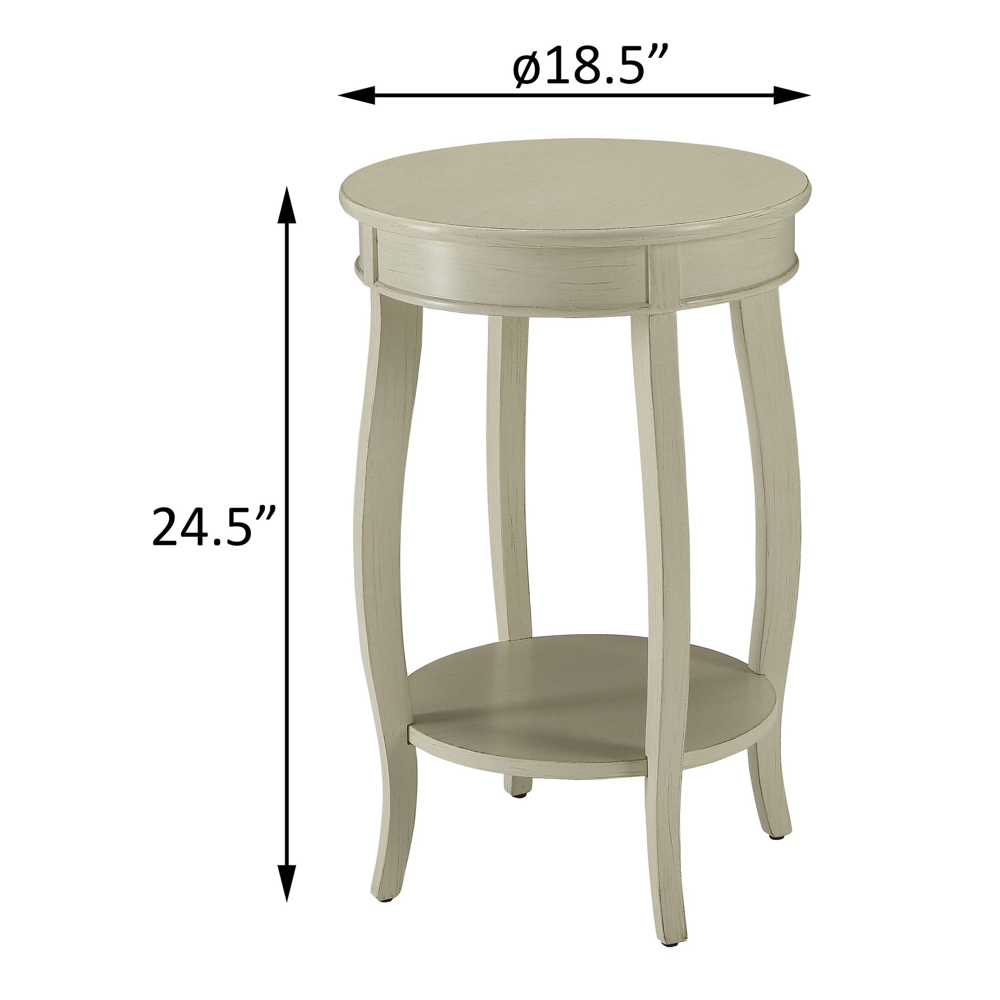 A distressed cream round end table with a lower shelf and curved legs