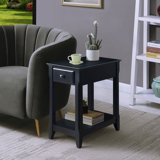 Black wooden end table with one drawer and a lower shelf