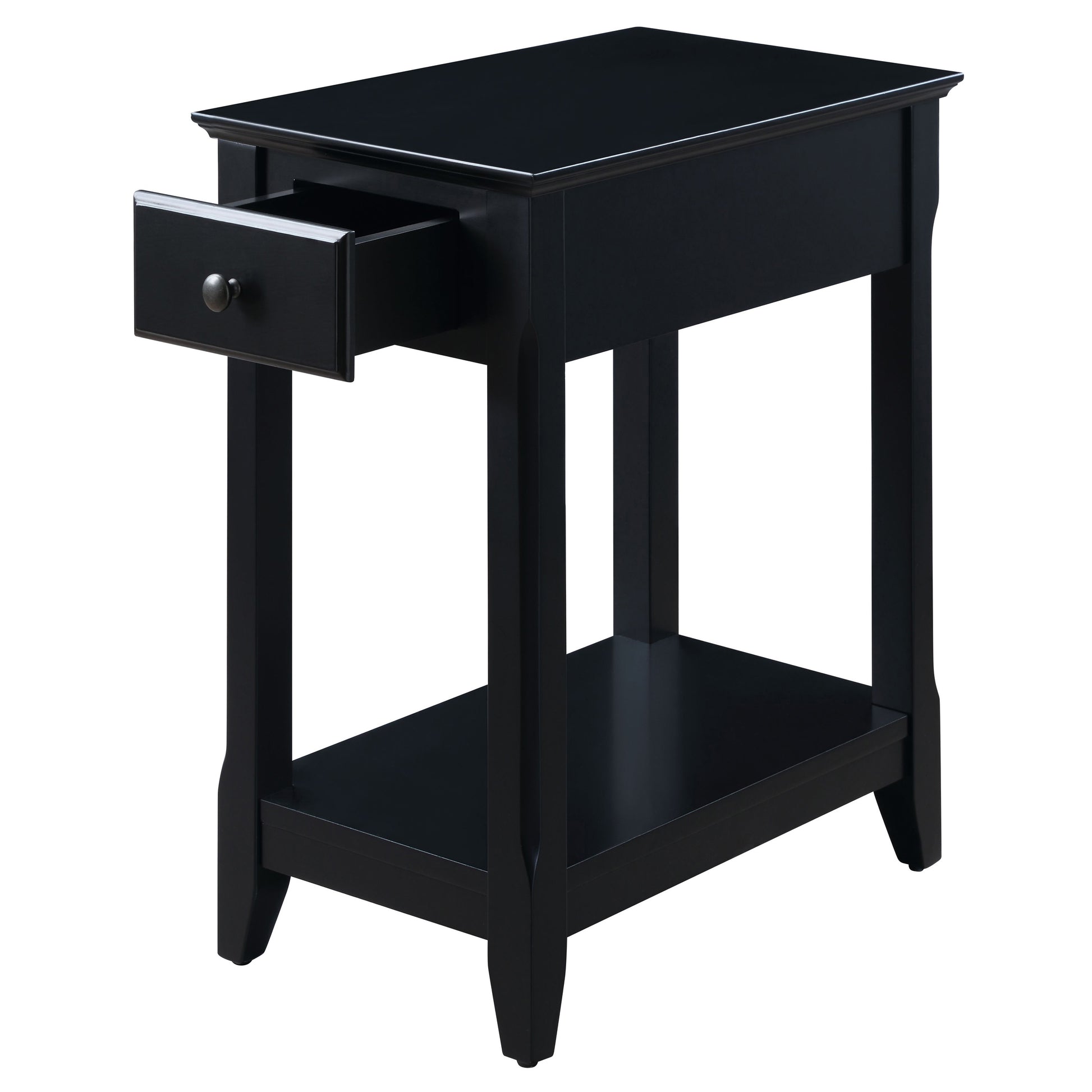 Black wooden accent table with one drawer and lower shelf